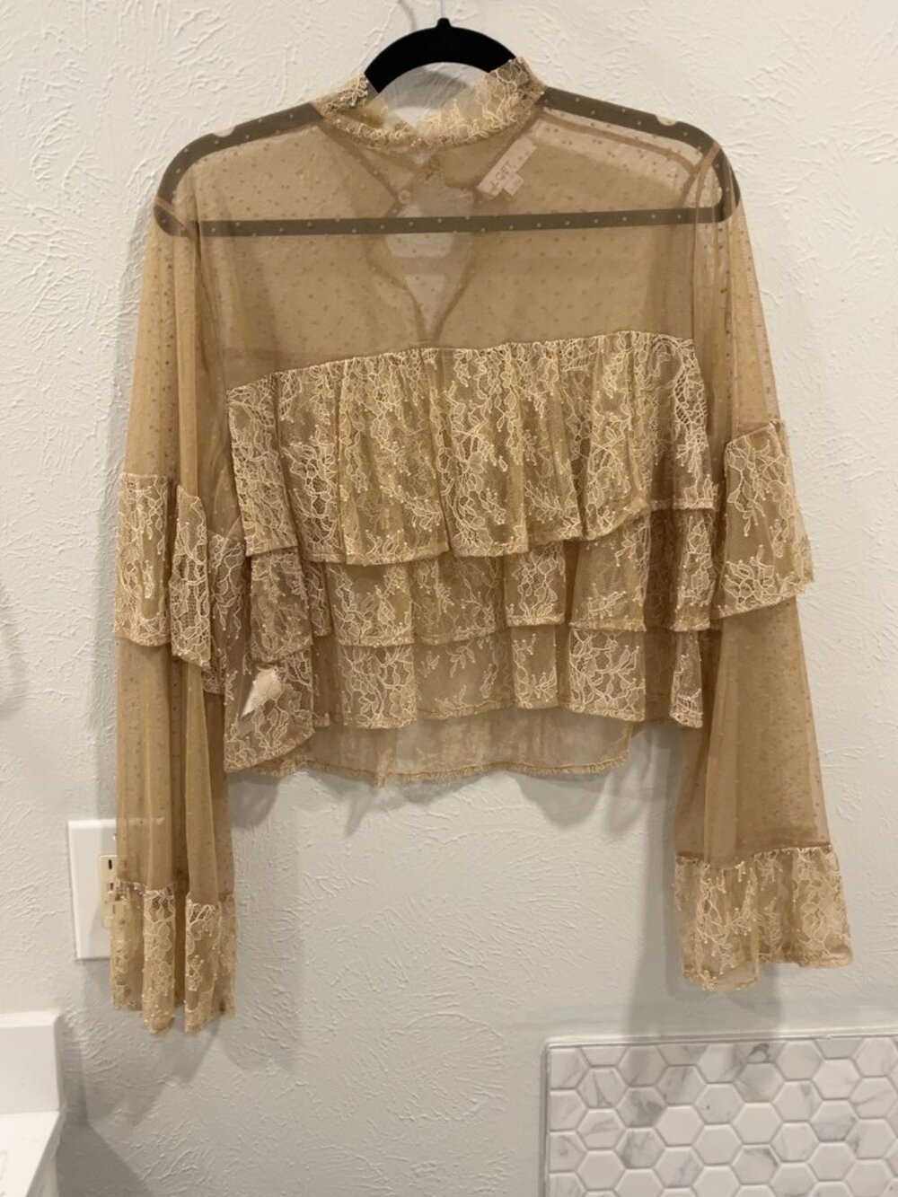 LOFT Sheer Lace Swiss Dot Ruffle Blouse Tan Gold Bell Sleeve